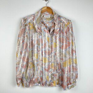 Vintage Shiny Floral Pastel Peters & Ashley Blouse w/ Shoulder Pads - Size 14